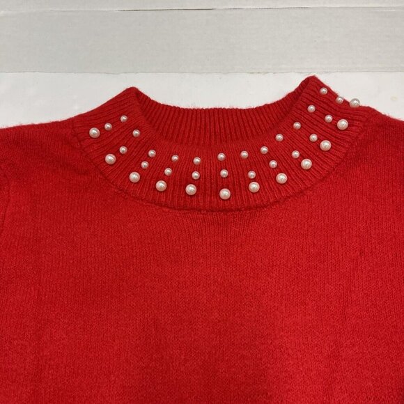 CeCe Womens Sweater Womens M Red Mock Neck Pearl Trim Puff Sleeve Christmas Soft - Picture 4 of 8